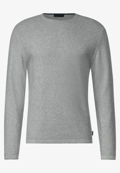 Grauer Pullover mit rundem Ausschnitt und langen Ärmeln.