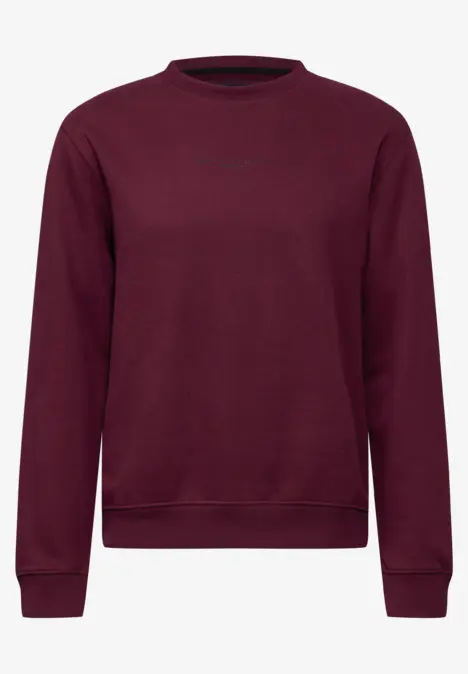 Bordeauxroter Pullover mit Rundhalsausschnitt und langen Ärmeln, schlichtes Design.