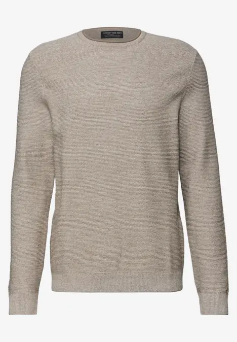 Beiger, schlichter Strickpullover mit Rundhalsausschnitt und langen Ärmeln.