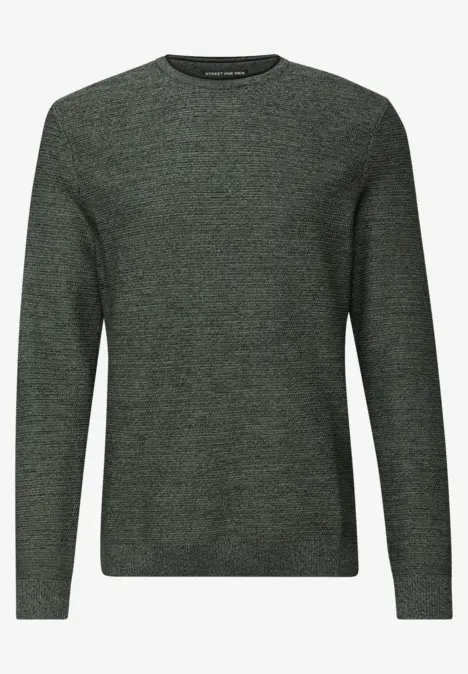 Dunkelgrüner melierter Strickpullover mit Rundhalsausschnitt und langen Ärmeln.