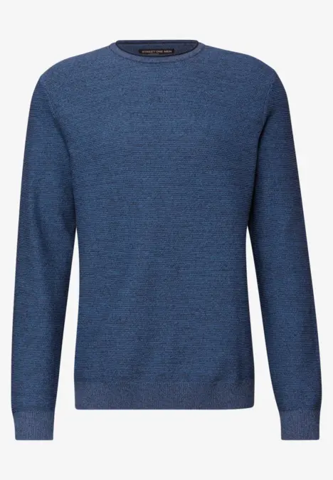 Blauer Pullover mit Rundhalsausschnitt, langärmelig, feine Melange-Struktur