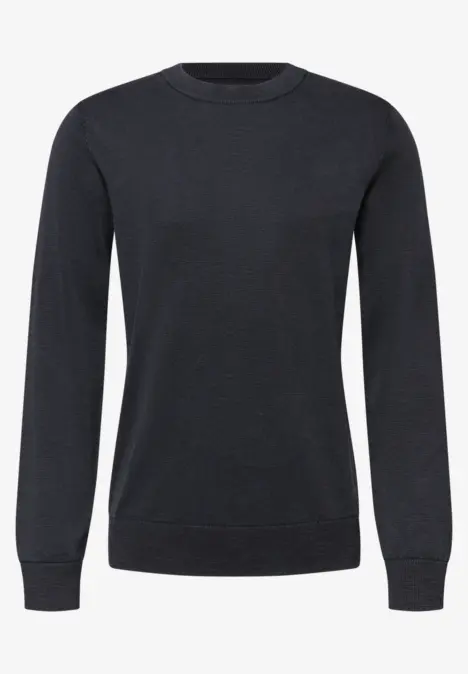 Un sweat-shirt noir uni à col rond et manches longues.