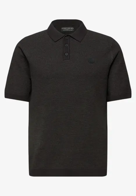 Polo à manches courtes gris foncé avec col boutonné et petit logo sur la poitrine.