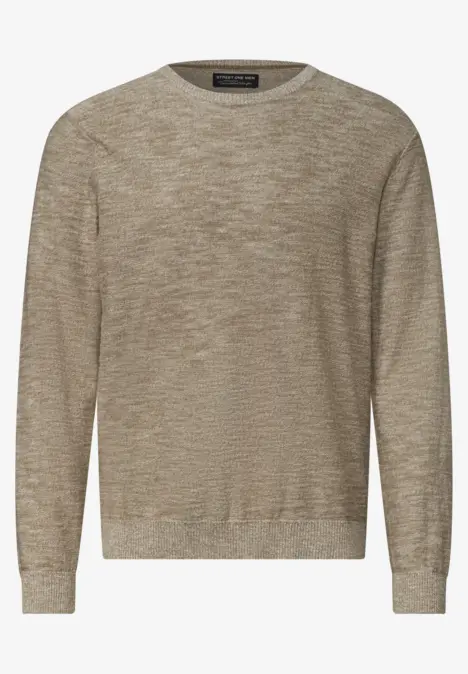 Hellbrauner melierter Rundhals-Pullover aus leichtem Strickstoff mit langen Ärmeln.