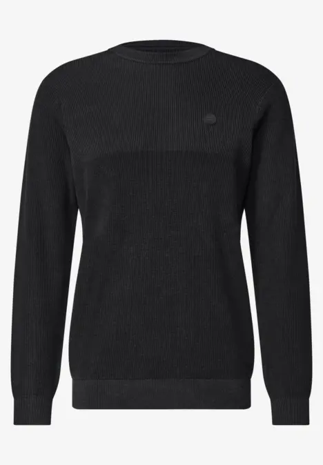 Schlichter, schwarzer Pullover mit Rundhalsausschnitt und langen Ärmeln.