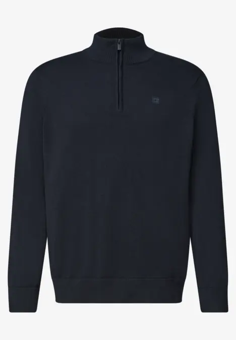 Dunkelblauer Pullover mit kurzem Reißverschluss am Kragen und langem Arm