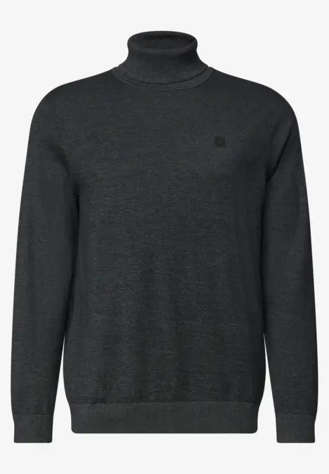 Grauer Rollkragenpullover aus feiner Strickware mit dezentem Logo.