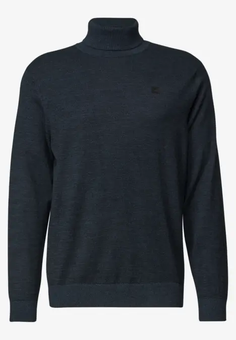 Dunkelgrauer Rollkragenpullover mit feiner Struktur und unaufdringlichem Logo auf der Brust.