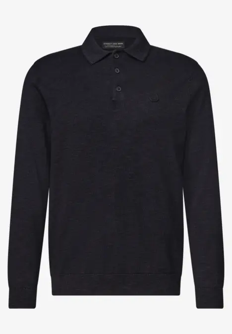 Schwarzer Pullover mit Polokragen und langen Ärmeln.