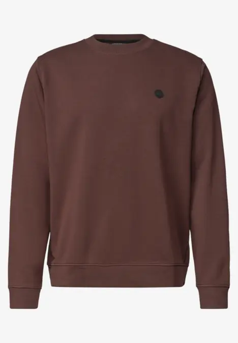 Braunes Sweatshirt mit Rundhalsausschnitt und kleinem, schwarzem Logo auf der Brust.