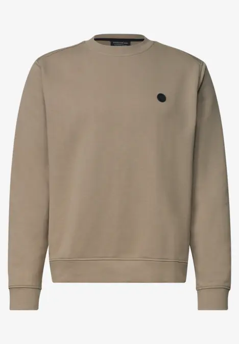 Schlichtes, beiges Sweatshirt mit Rundhalsausschnitt und kleinem, rundem Logo auf der Brust.