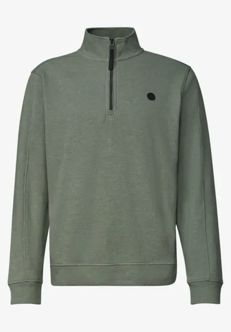 Grüner Pullover mit Stehkragen, halbem Reißverschluss und langen Ärmeln in schlichter Optik.