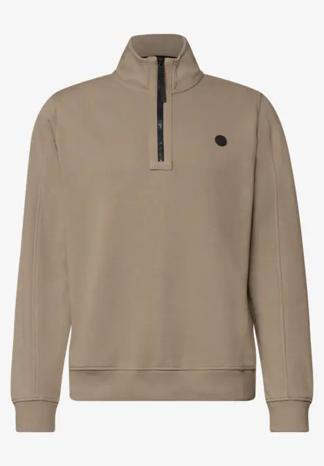Pull beige sport avec col montant et demi-fermeture éclair.