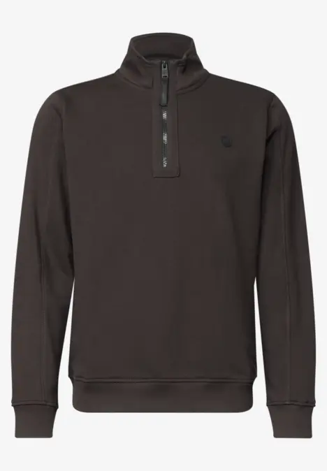 Sweat-shirt homme marron foncé col montant zippé, manches longues et bords-côtes.