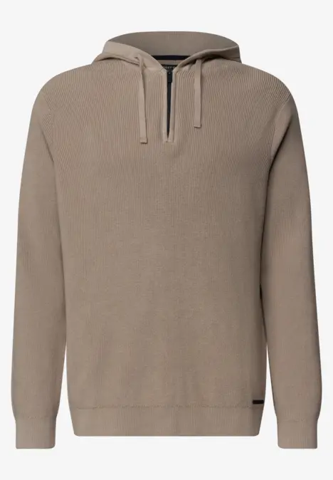 Schlichter, beiger Kapuzenpullover mit Kängurutasche und Kordelzug.