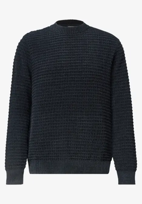 Pull bleu marine en maille texturée à motif gaufré, col rond et manches longues.