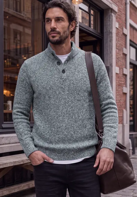Ein Mann trägt einen grauen Strickpullover mit Knopfleiste und eine Umhängetasche in urbaner Umgebung.