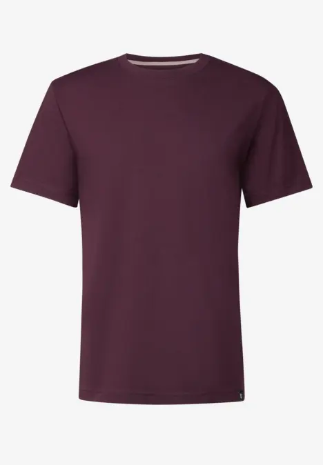 Bordowy T-shirt z krótkim rękawem i okrągłym dekoltem.