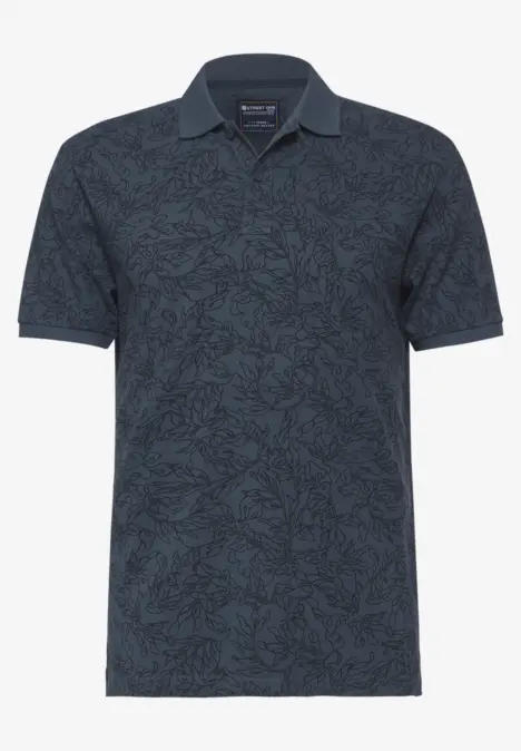Dunkelblaues Poloshirt mit dezentem Blattmuster.