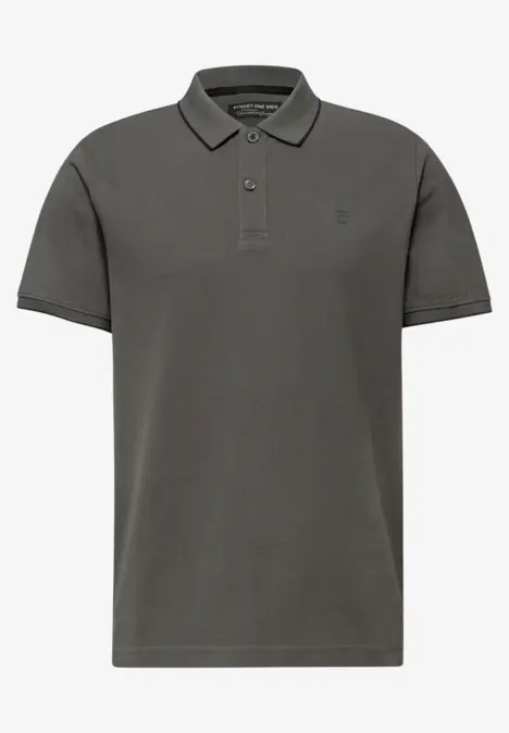 Dunkelgraues kurzärmeliges Poloshirt mit Kragen und Knopfleiste.
