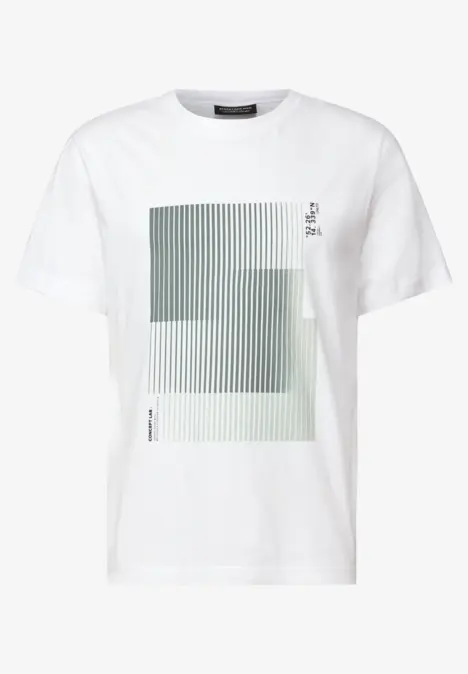 Weißes T-Shirt mit abstraktem, gestreiftem Grafikprint auf der Vorderseite.