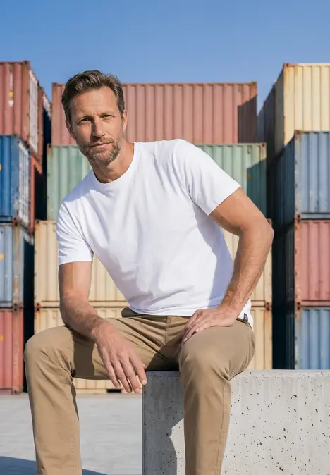 Un homme en t-shirt blanc et pantalon beige est assis sur un bloc de béton devant des conteneurs colorés.