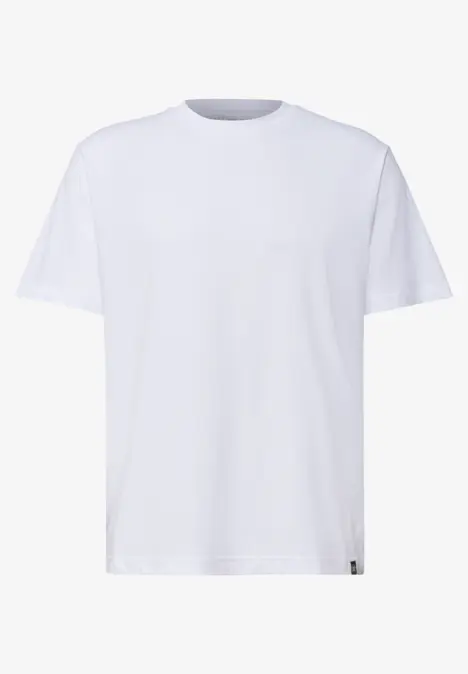 Ein schlichtes weißes T-Shirt mit Rundhalsausschnitt und kurzen Ärmeln.