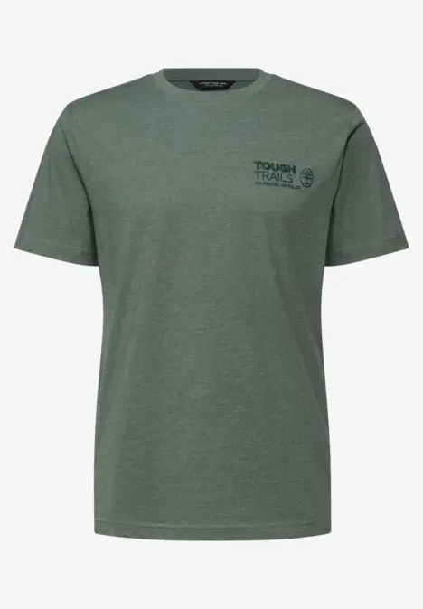 Oliwkowy T-shirt z okrągłym dekoltem, krótkimi rękawami i małym logo na piersi.