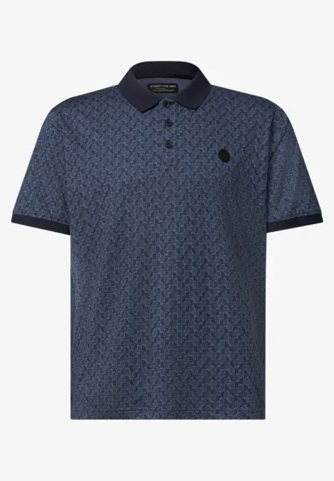 Dunkelblaues Polohemd mit dezenter Allover-Grafik, dunklem Kragen und Ärmelbündchen sowie kleinem Logo auf der Brust