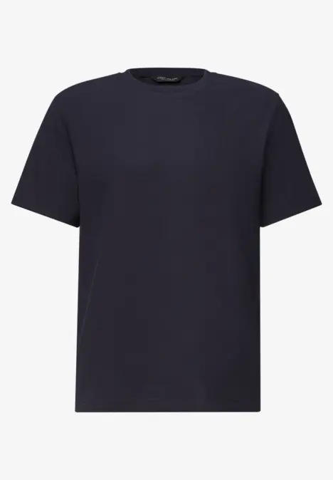 Dunkelblaues, schlichtes T-Shirt mit Rundhalsausschnitt und kurzen Ärmeln.
