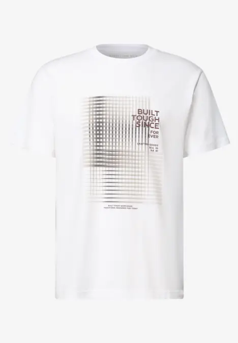Weißes T-Shirt mit modernem, geometrischem Druck aus Linien, Punkten und Schriftzug.