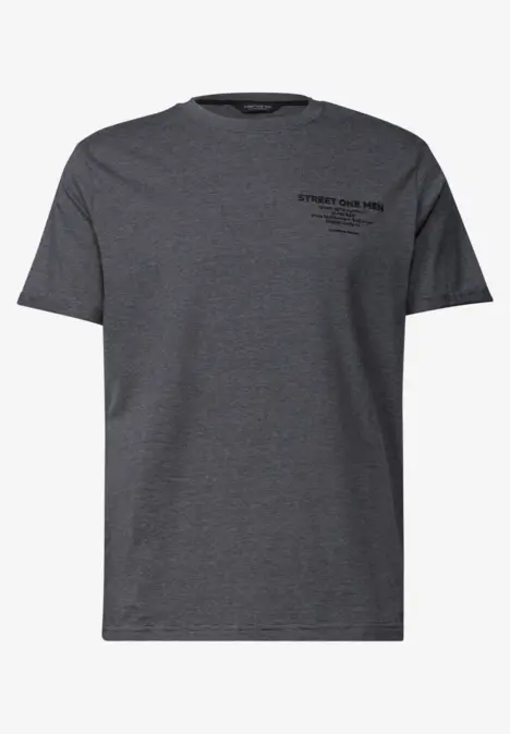 Dunkelgraues T-Shirt mit kurzem Textprint auf der linken Brust.
