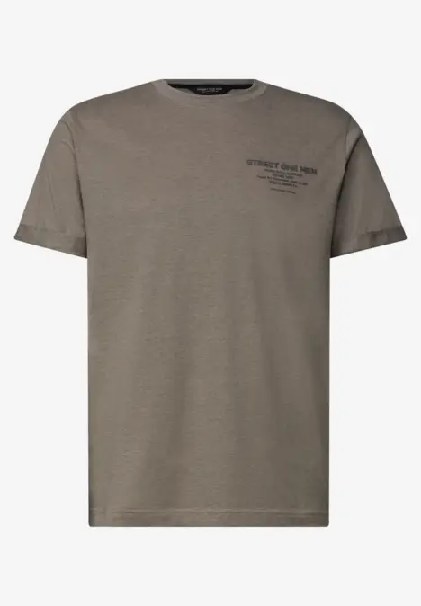 Schlichtes olivgrünes T-Shirt mit gerader Passform, kurzen Ärmeln und dezentem Brustprint.