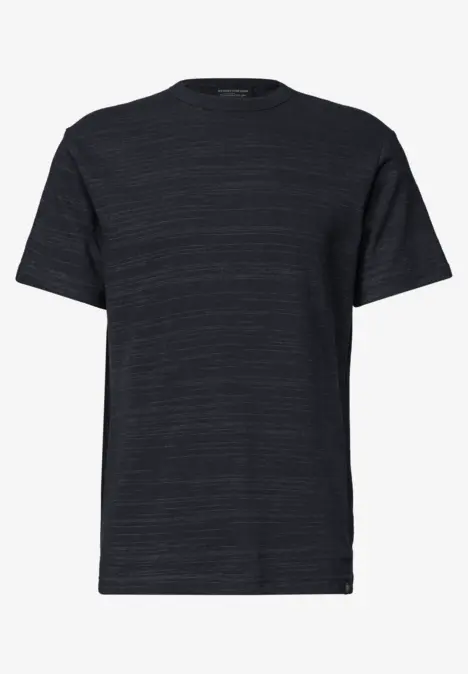 Schlichtes dunkles T-Shirt mit Rundhalsausschnitt und kurzen Ärmeln.