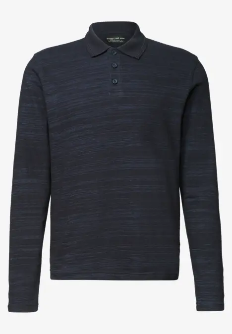 Navyblaues langärmeliges Polohemd aus meliertem Stoff mit Knopfleiste und Polokragen.