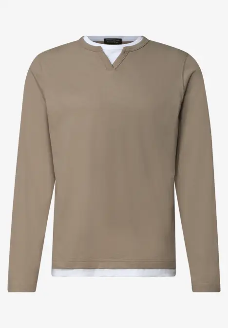 Beiges Langarmshirt mit weißem Unterziehkragen und -bund, legerer Schnitt.