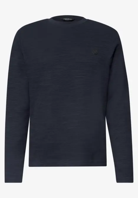 Dunkelblauer Langarm-Pullover mit dezentem Strukturmuster und rundem Halsausschnitt.