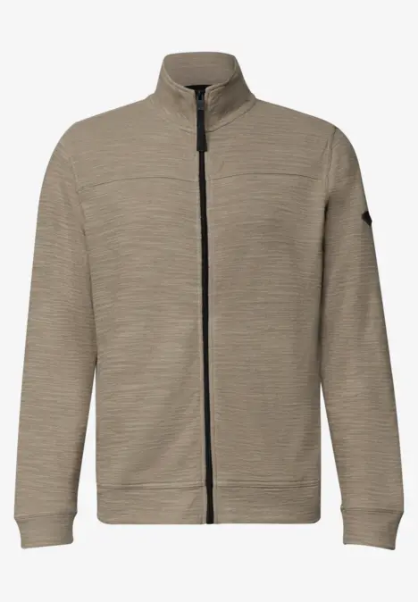 Gilet zippé beige en maille légère avec poche sur la manche.