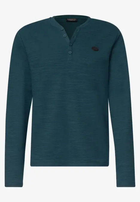 Dunkelgrünes Langarm-Henley-Shirt mit 3-Knopf-Leiste