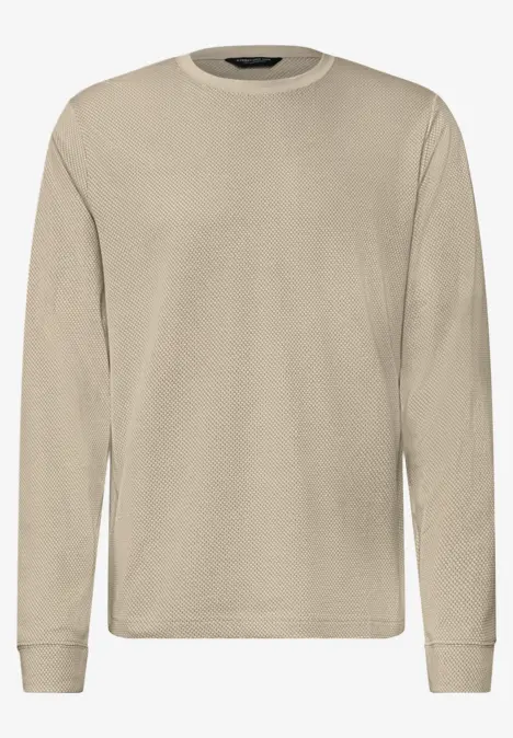 Schlichtes, beiges Langarmshirt mit Rundhalsausschnitt, Frontalansicht.