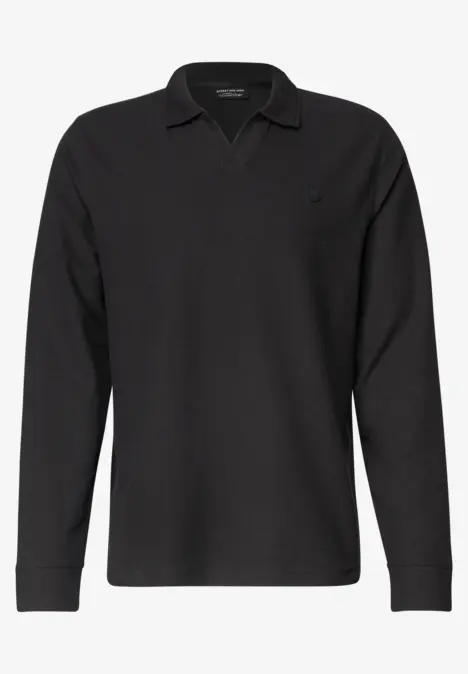 Schwarzes langärmliges Poloshirt mit klassischem Kragen und dezentem Logo.