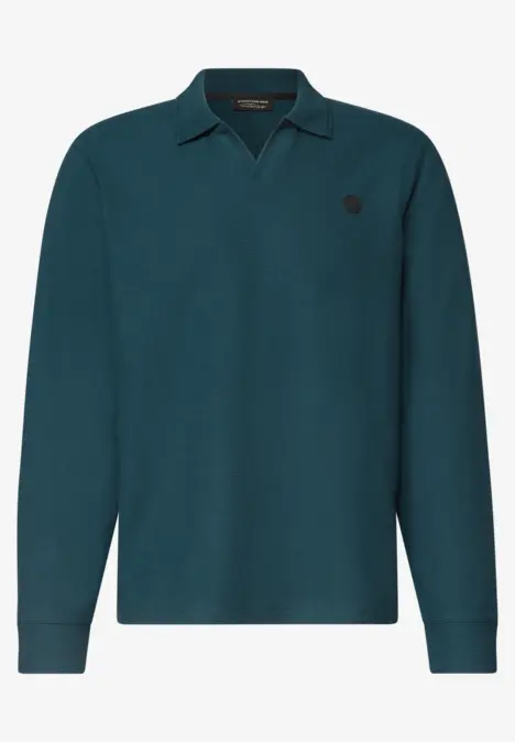 Langärmliges Poloshirt in Petrol mit dezentem Logo auf der Brust.