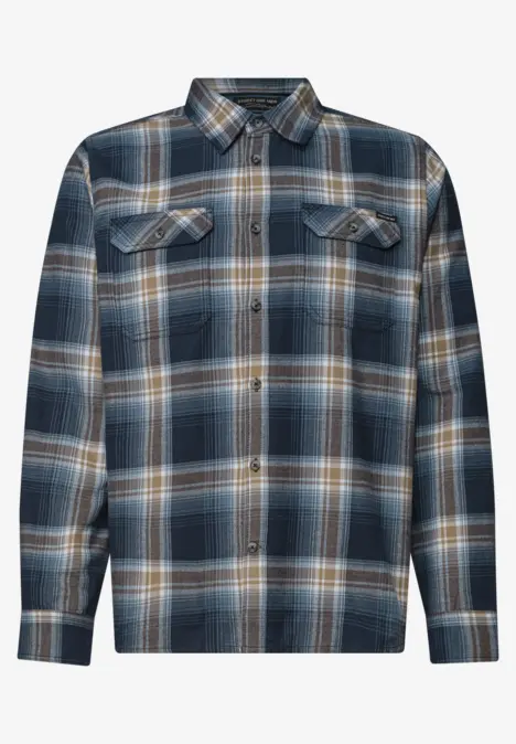 Chemise en flanelle à carreaux bleu foncé et blanc, manches longues et poches poitrine.