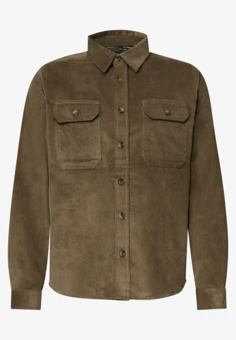 Une veste-chemise marron avec poches poitrine et boutons.
