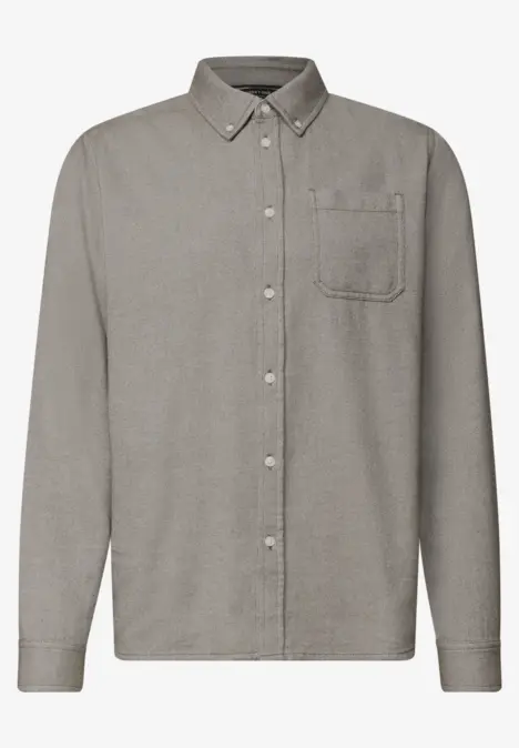 Graues, langärmliges Hemd mit Knopfleiste, Brusttasche und Button-Down-Kragen.