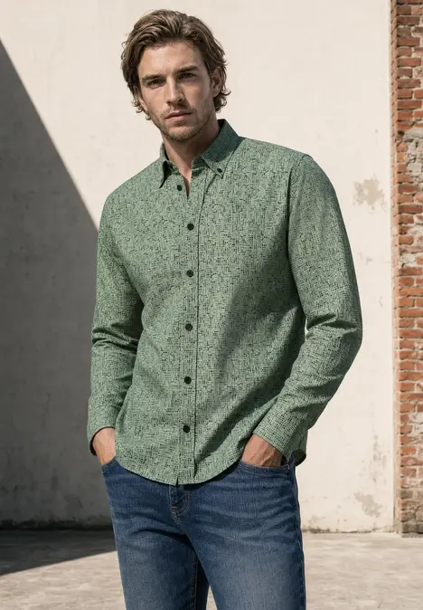 Ein Mann in einem grünen, gemusterten Hemd und blauen Jeans steht draußen mit Händen in den Taschen.