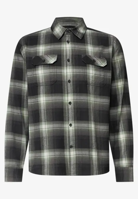 Chemise en flanelle à carreaux noirs et gris, manches longues, boutons et poches poitrine.