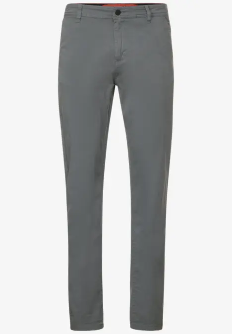 Graue Stoffhose mit schmalem Schnitt und Knopfverschluss.