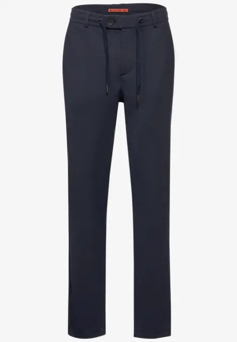 Dunkelblaue Stoffhose mit Kordelzug und Knopf.