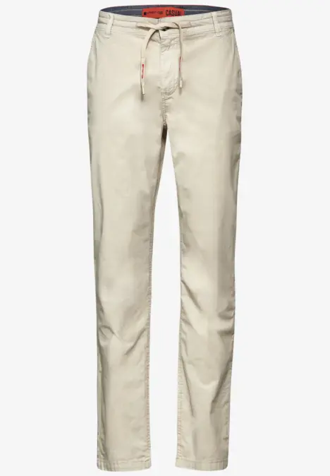 Beige Freizeithose mit Kordelzug.
